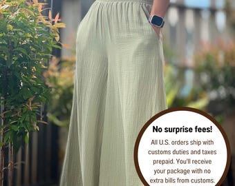 ガーゼモスリンパンツ｜コットンパンツ｜ワイドレッグパンツ｜モスリンマキシパンツ｜ゆったりガーゼパンツ（レディースダブル）｜ガーゼモスリンパンツ - ラウンジウェア