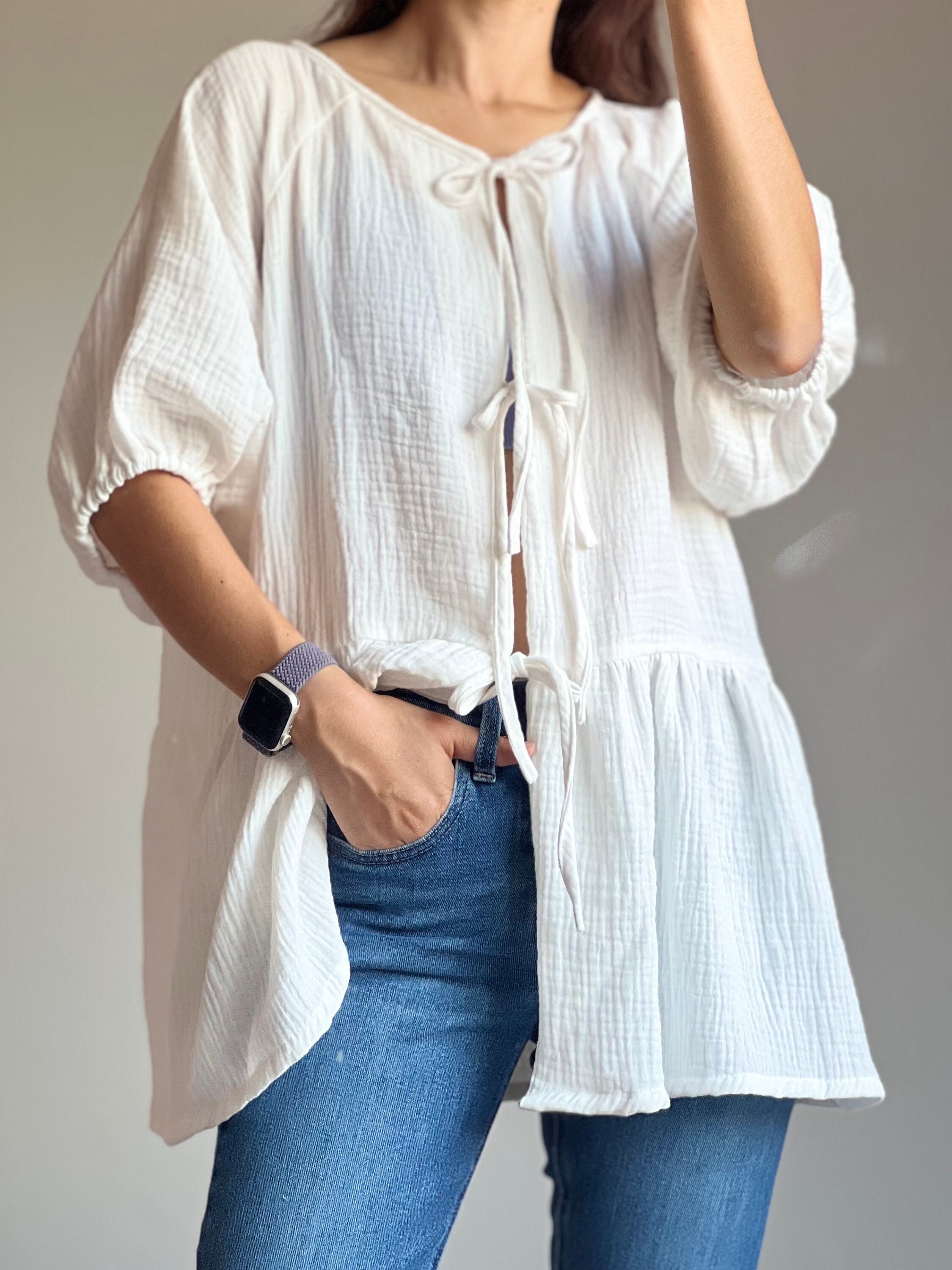 Muslin Double Gauze Loose String-tie Blouse - Etsy