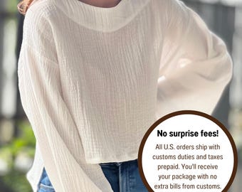 Double Gauze Wide Sleeve Front Crop Blouse