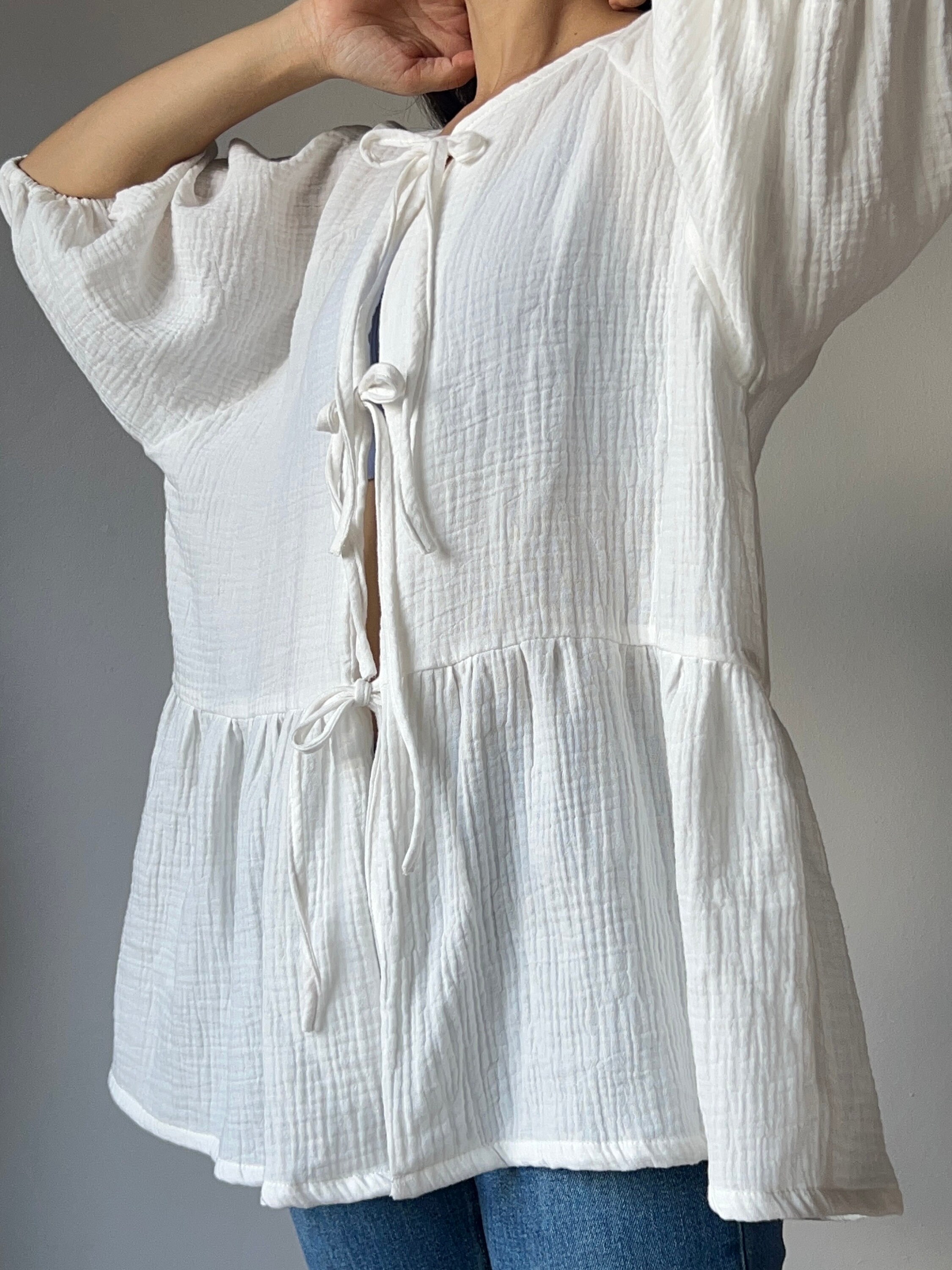 Muslin Double Gauze Loose String-tie Blouse - Etsy