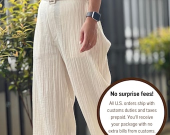 Gauze Muslin Wide Leg Pants | Cotton Boho Trousers with Belt