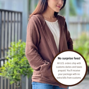 Bluza z kapturem z muślinu | Kurtka z potrójnej tkaniny gazowej | Strój wypoczynkowy | Bluzka z długim rękawem | Kurtka kimono z kapturem | Bawełniana koszula z muślinu | Damska odzież domowa