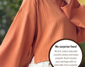 Cotton Wide Neck High-Low Long Sleeve Top