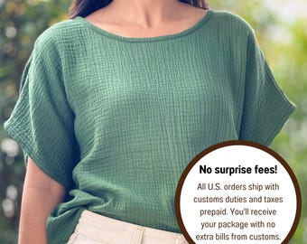 Double Gauze Boat Neck Loose-Fitting Short-Sleeve Blouse