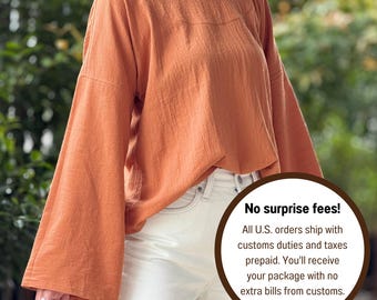 Cotton Scoop Neck Loose-Fitting Long-Sleeve Blouse