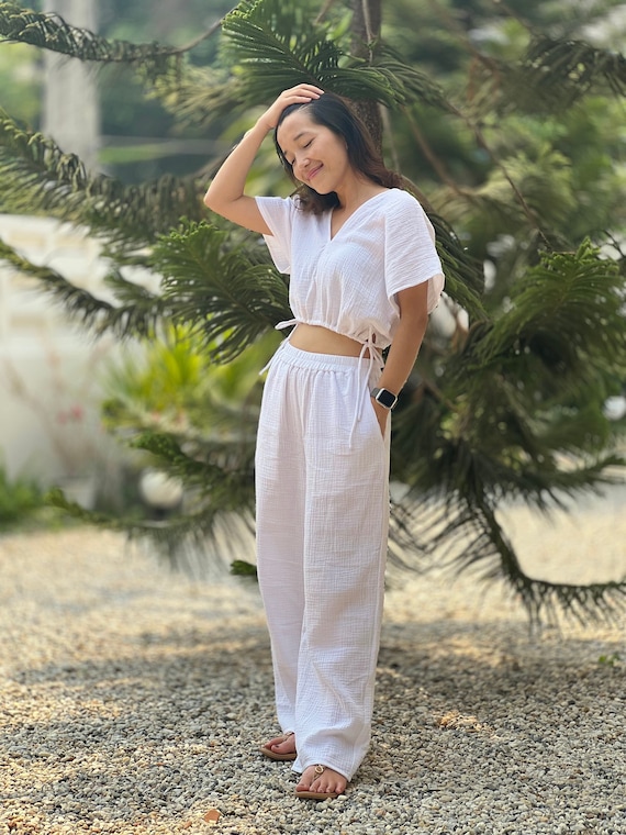 Women's 2 Pack Cotton Linen Pants - High Waisted Loose Fit Lounge Trousers For Summer