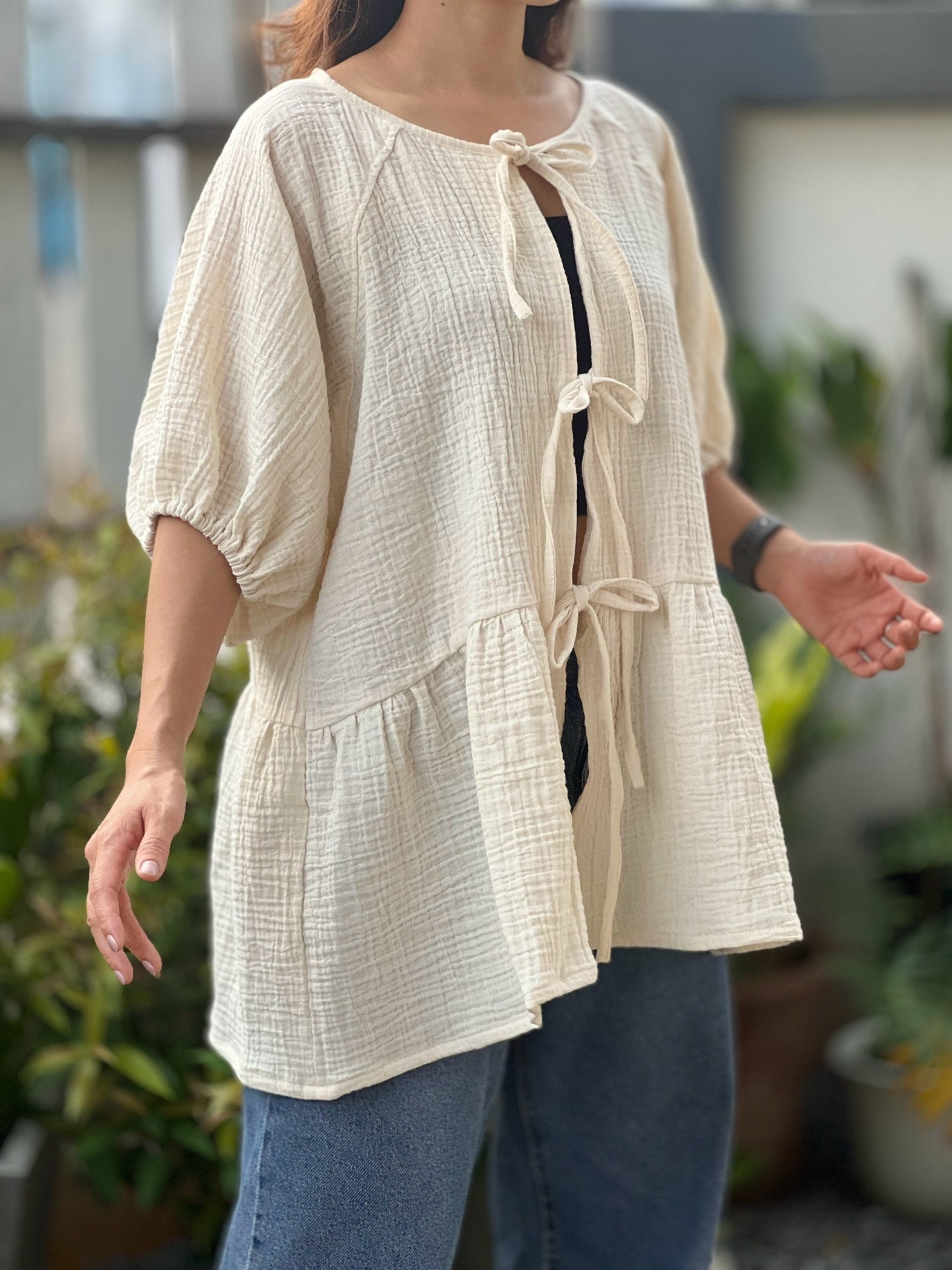 Muslin Double Gauze Loose String-tie Blouse - Etsy