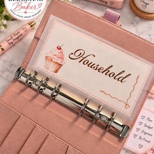 Puede incluir: Una carpeta de seis anillas de color rosa empolvado con un inserto de plástico transparente etiquetado como Household y una ilustración de un cupcake. Incluye un bolígrafo con la inscripción Small Steps Big Progress y una bandeja rosa.