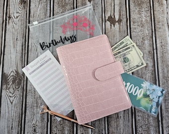 Pink Croc A6 Budget Binder, Savings Challenge with Zipper Envelopes