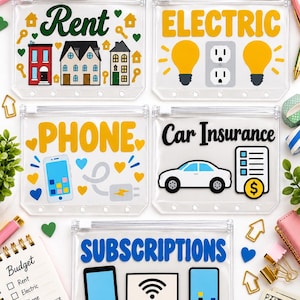 May include: Five clear plastic zipper pouches for budget organization, each labeled with text and icons: Rent with houses, Electric with lightbulbs and outlet, Phone with smartphone, Car Insurance with a car and document, and Subscriptions with devices.
