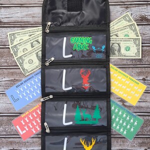 May include: A black zippered pouch with four clear pockets. Each pocket has a white letter L and a different coloured deer silhouette. The pockets are labelled "£25.00 Savings Tracker" and "Earning A Buck Club".