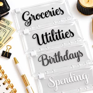May include: Four clear rectangular plastic zipper pouches for cash budgeting, each featuring black or white cursive text labels reading Groceries, Utilities, Birthdays, and Spending, arranged vertically with six binder holes along the side.