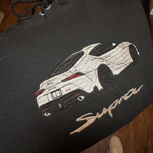 Comfy Supra Embroidered Pullover Hoodie, Crewneck, Tee, Race Car Hoodie, Trendy Car Designs, Sports Car Clothing, High Quality Apparel