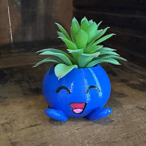 May include: A blue 3D printed planter shaped like a smiling cartoon character with a green succulent plant inside.
