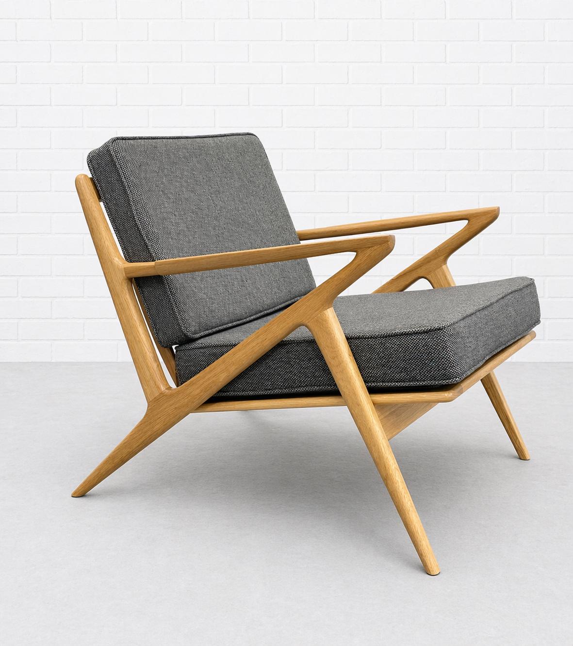 Handcrafted Mid Century Modern Styled OAK LOUNGE Z CHAIR, Pearl