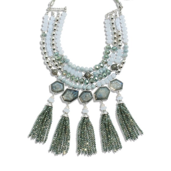 Chico's The Collectibles Celestia Collier multi-rangs avec franges en perles de verre bleu vert