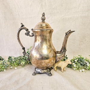 May include: A silver teapot with an ornate design and a decorative lid. The teapot has a pearlescent finish and sits on four feet.