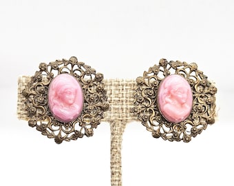 Art nouveau Victoriaanse heropleving roze glas Repousse camee sierlijke messing filigraan schroefoorbellen
