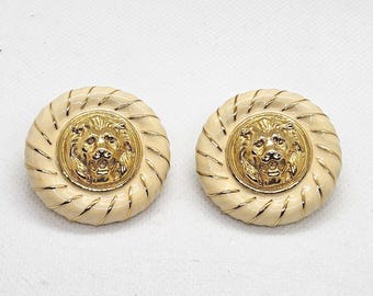 Vintage Enamel & Gold-tone Lion Head Chunky Clip On Statement Earrings