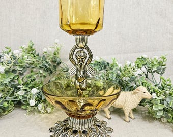 1970's Hollywood Regency Cherub Angel Candle Holder Amber Glass