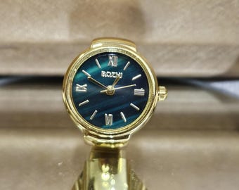 Zegarek damski Bozhi z pierścieniem na palec, vintage, męski, z tarczą szmaragdową, w kolorze złotym, z elastycznym paskiem