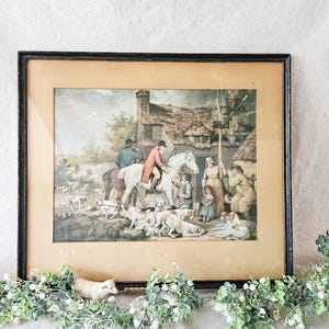 Fox Hunt British Hunters on Horseback, Hound Dogs, Framed Art Print, Outside a Country Alehouse, 1797 / 1860, Antique Lithograph