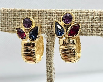 Givenchy New York Paris Gold-tone & Tricolor Rhinestone Hoop Clip-On Earrings