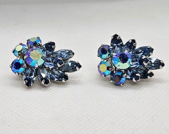 Hattie Carnegie Signed Blue Rhinestone AB Clip On Earrings 1950's