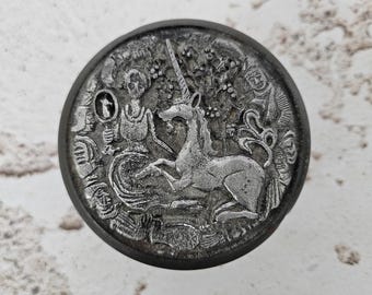 Unicorn Fantasy Round Metal Trinket Pill Box Silver Tone Lidded Jewelry Keepsake