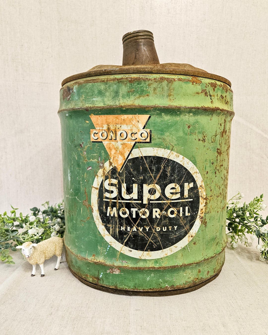 Vintage Collectible Oil Can Conoco Super Motor Oil Large Green 5 Gallon ...