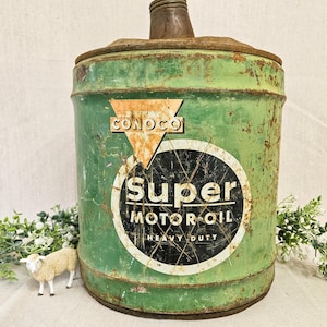 Vintage Collectible Oil Can Conoco Super Motor Oil Large Green 5 gallon Memorabilia Rusty Farmhouse Decor, Mancave Decor