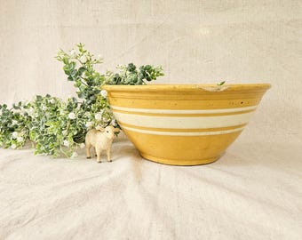 Antique Large Yellow Ware Banded Mixing Bowl - 1920's, Farmhouse Kitchen Decor