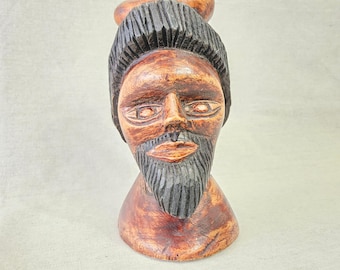 Jamaican Rastafarian Man Wooden Carved Bust Folk Art Ethnic Cultural Wood Art Shelf Sitter