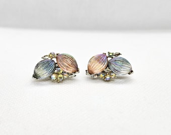 Vintage signed Lisner Pink & Blue Iridescent AB rhinestones Clip-On Earrings 1950's Silver-tone