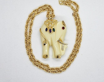 Vintage Acrylic Ivory Colored Jeweled Elephant Pendant/Brooch Necklace
