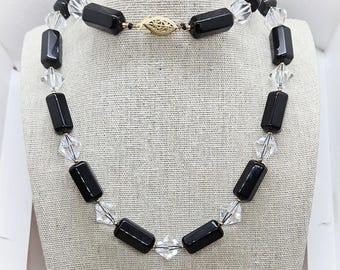 Vintage Black Quartz and Glass Bicone Beads Gold Filled Box Clasp Necklace