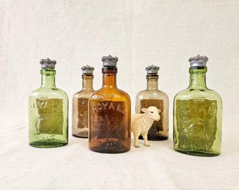 Vintage Colored Glass Bottles, Pewter Lids, Sun Catchers, Men's Room Vintage Decor, Royall Spyce, Lyme, BayRhum, Toilet Lotion Glass Bottles