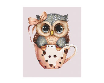 Owl in a Cup Cross Stitch Pattern, PDF Pattern, PDF Cross Stitch Pattern, Instant Download Cross Stitch Pattern