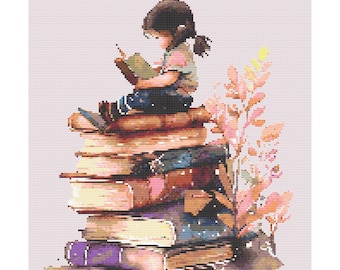 Girl Sitting on Book Stack Cross Stitch Patter, Book Watercolor Cross Stitch Pattern, Book Lover Cross Stitch Pattern, Bookish Pattern