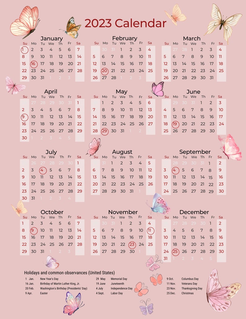 Cute 2023 Downloadable Yearly Butterfly Pink Calendar Etsy