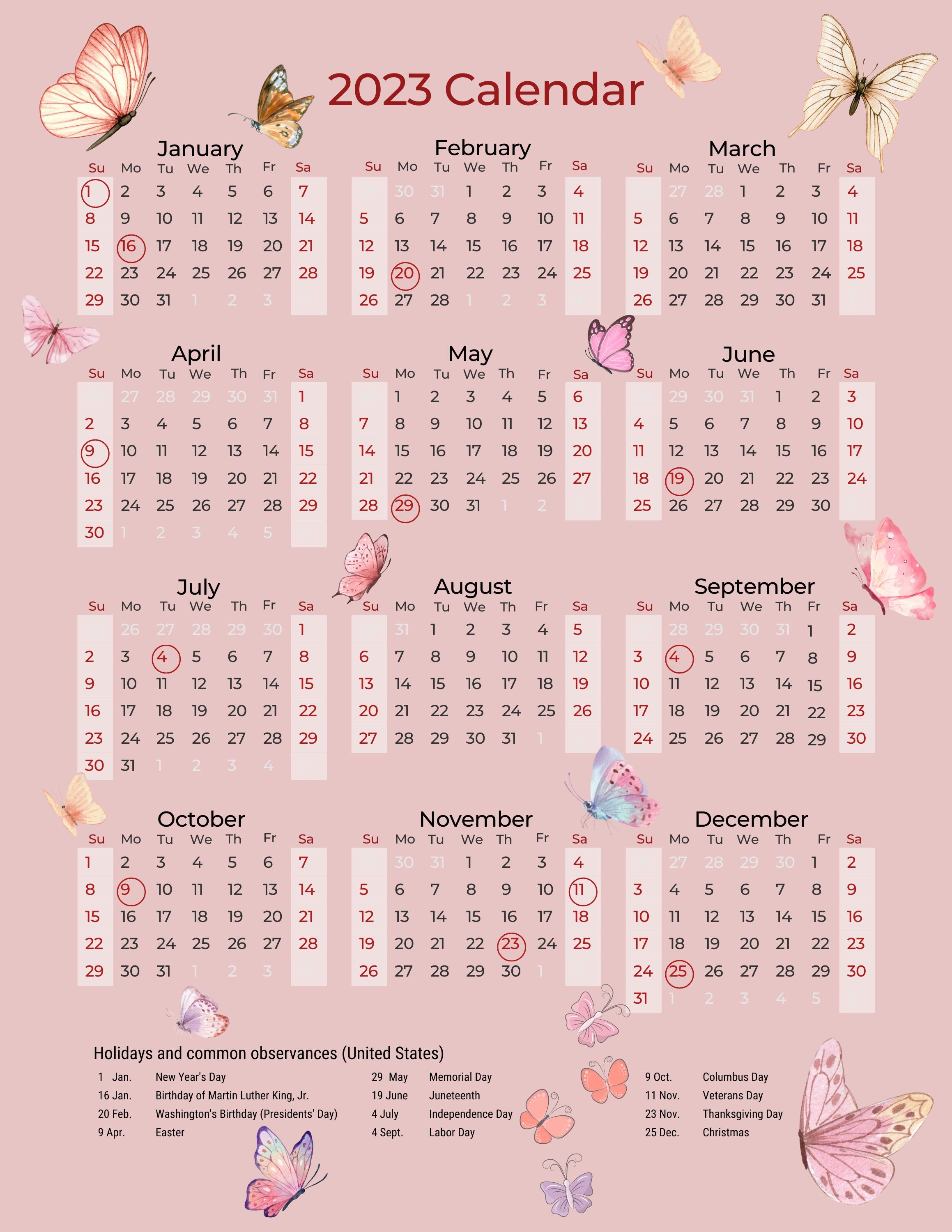 Cute 2023 Downloadable Yearly Butterfly Pink Calendar Etsy