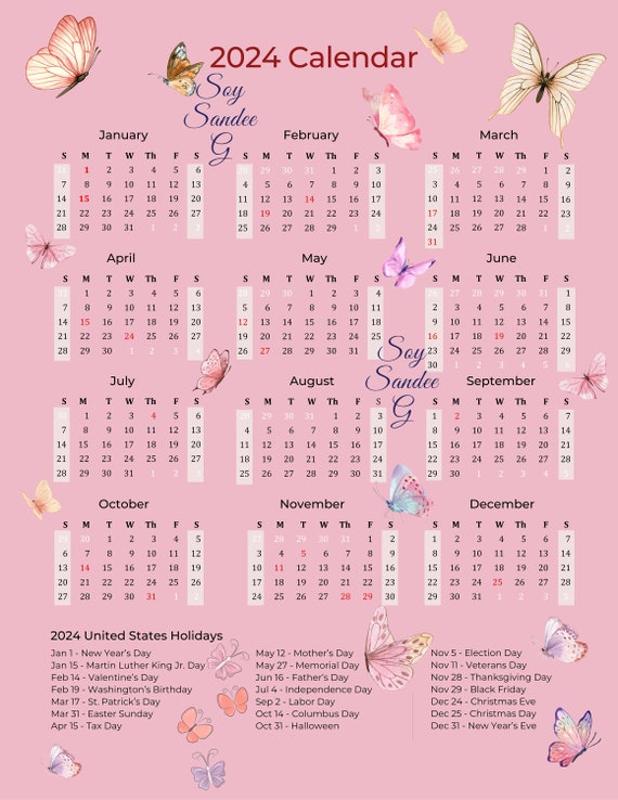 Cute 2024 downloadable yearly butterfly pink calendar - etsy