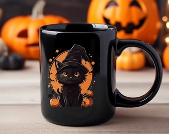 Taza de café de gato negro, taza de gato de otoño, linda taza de gato de Halloween para el otoño, gato negro de otoño, taza de bruja de gato, regalo para mamá gato, papá gato, taza espeluznante