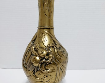 Antique Chinese Brass Vase with Dragon Relief handmade.