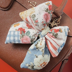 Handmade Plush Bag Charm Bow, Faux Patchwork Floral Pattern