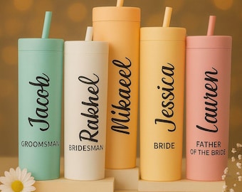Vaso personalizado con tapa y pajita a juego, vaso delgado de acrílico de 16 oz, vaso mate pastel, regalo para amigos, propuesta para damas de honor.