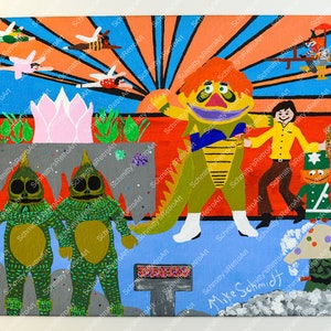May include: A colorful painting depicting a whimsical scene with a green monster, two green creatures, a person in a yellow shirt, two soldiers, and a mushroom. The background features a pink flower, a sunset, and a blue sky with white stripes.