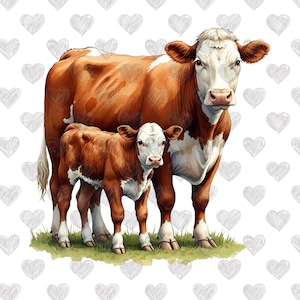 May include: A brown and white cow with a white calf standing next to her. The cow and calf are standing on a patch of green grass.