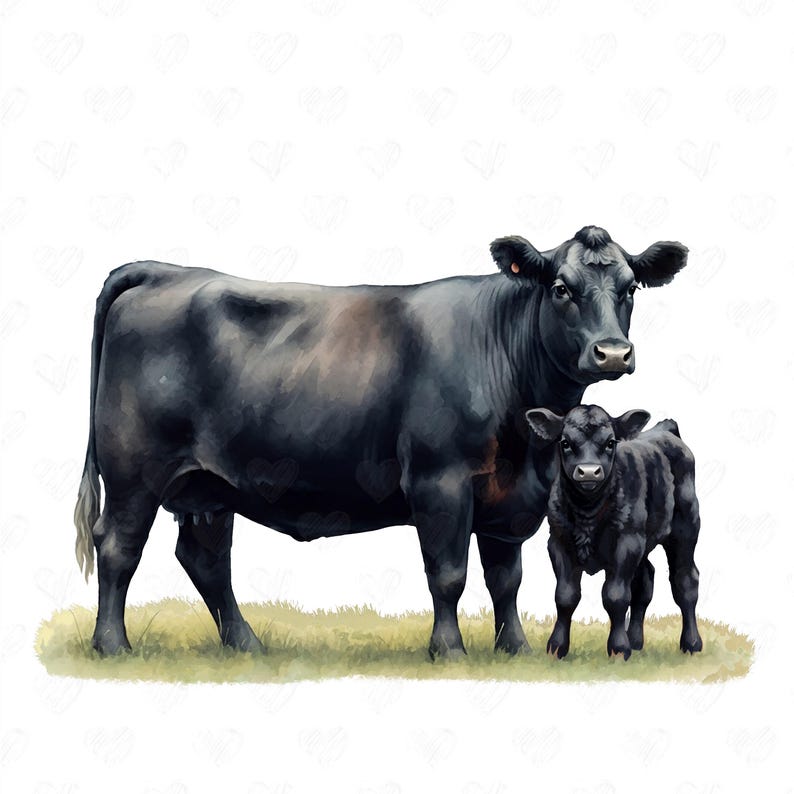 May include: A black cow and a black calf stand side-by-side in a grassy field. The cow is larger and has a gentle expression, while the calf is smaller and looks up at the viewer.