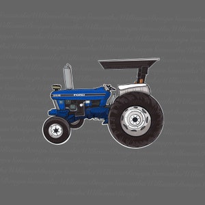 May include: A blue Ford 8610 tractor with a black and white front grill, a black and white steering wheel, and a black and white seat. The tractor has a black and white canopy and a black and white rear tire.